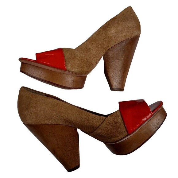 BCBG MAXAZRIA Tan & Orange Leather Platform Heel Pumps Size US 9.5 B Wooden - Picture 2 of 9